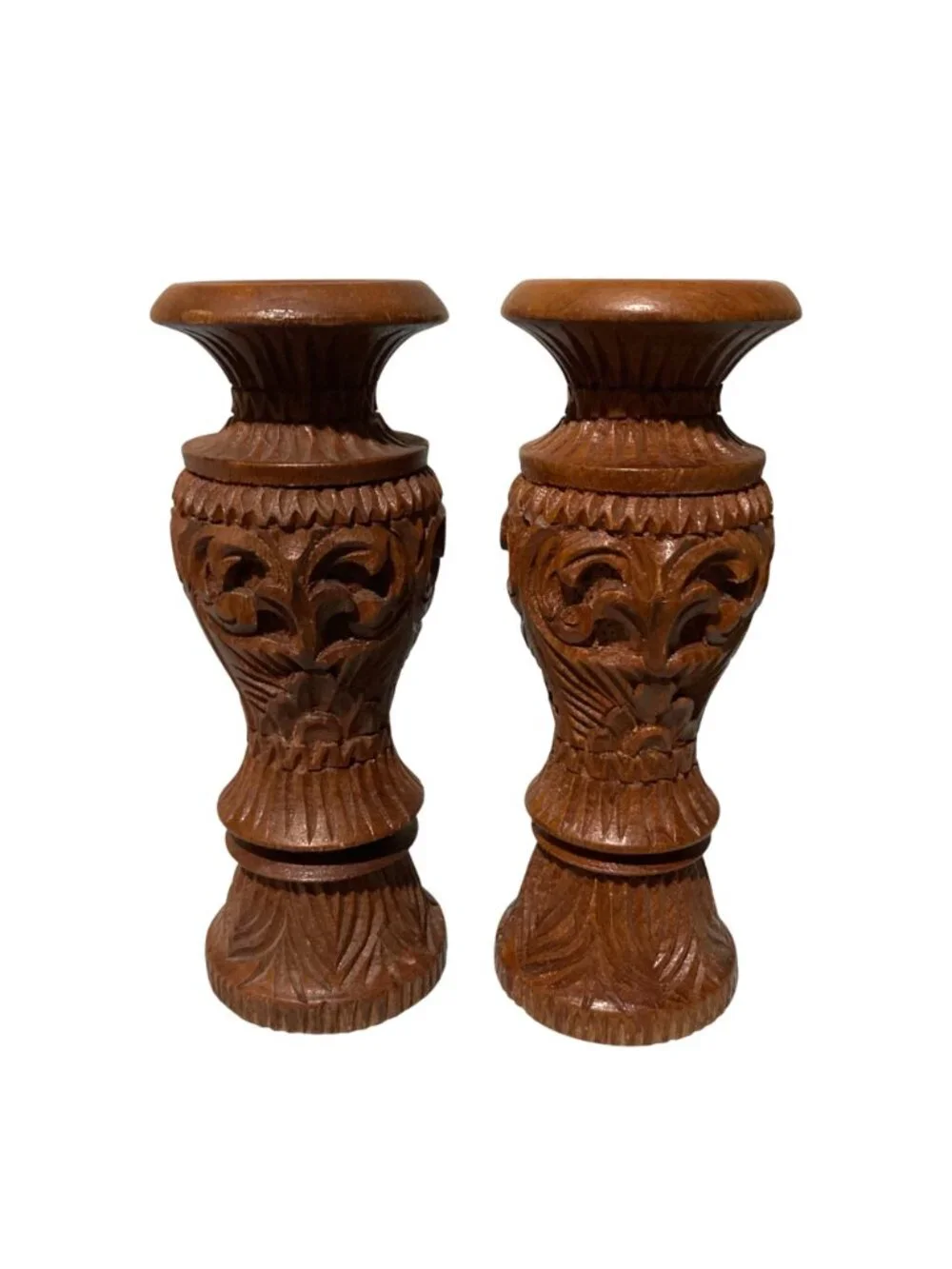 Vintage Hand-Carved Teak Wood Candle Holders